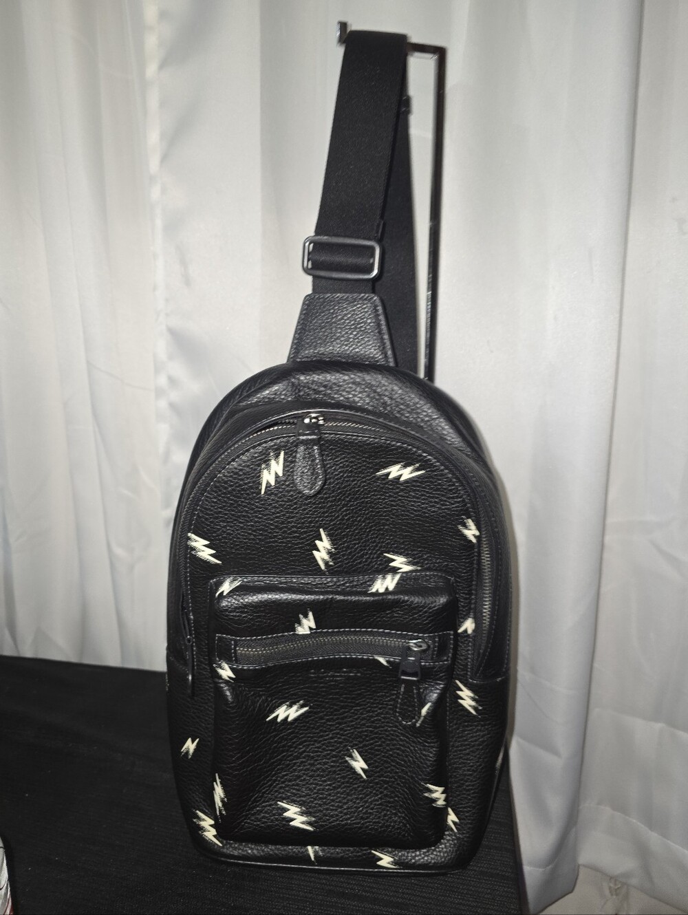 COACH LeathervBlack Lightning Print Sling Backpack Bag CDC77